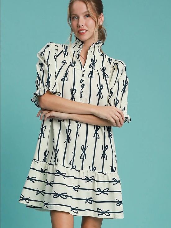 Umgee Dresses & Skirts - Umgee Ivory Dress with Navy Bow Stripe Print